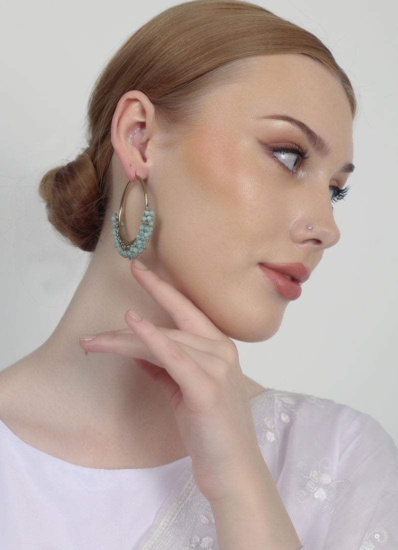 Antique Gold Bali Hoop Earrings with Light Aqua Beads
