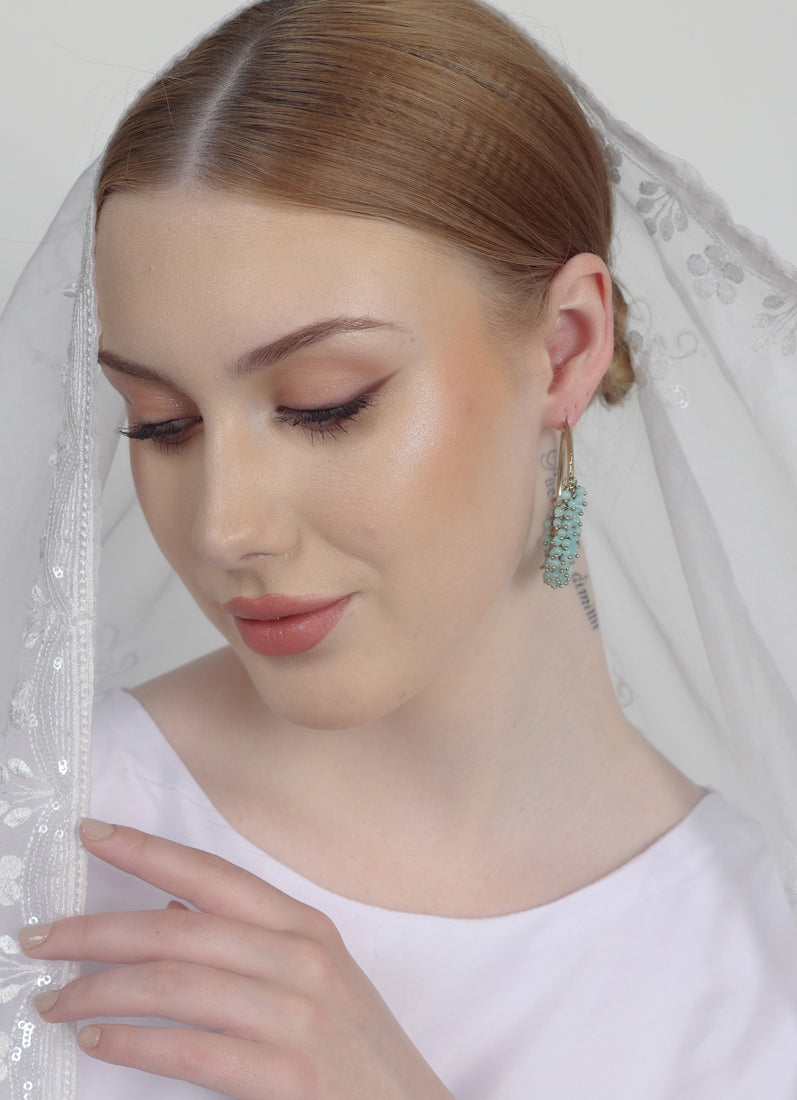 Antique Gold Bali Hoop Earrings with Light Aqua Beads