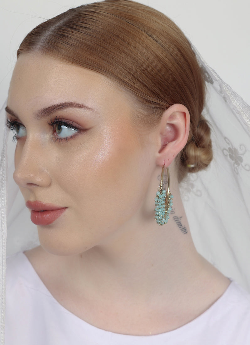 Antique Gold Bali Hoop Earrings with Light Aqua Beads