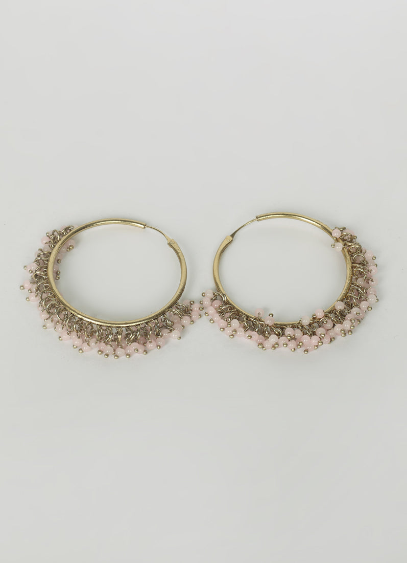 Antique Gold Bali Hoop Earrings with Soft Pink Beads