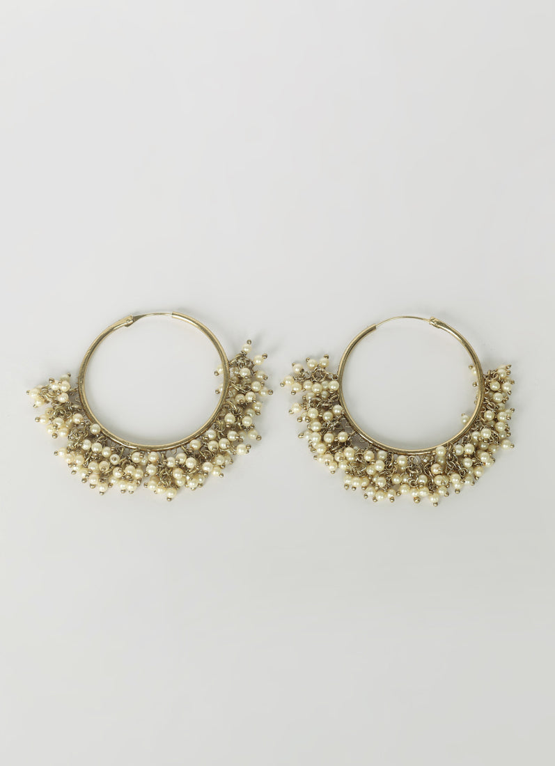 Antique Gold Bali Hoop Earrings with Pearls - Ethnic Jewelry