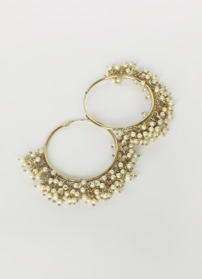 Antique Gold Bali Hoop Earrings with Pearls - Ethnic Jewelry