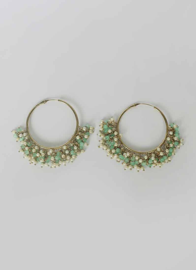 Antique Gold Bali Hoop Earrings with Light Green Beads - Ethnic Jewelry