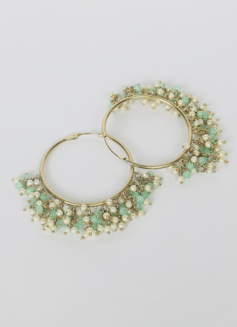 Antique Gold Bali Hoop Earrings with Light Green Beads - Ethnic Jewelry