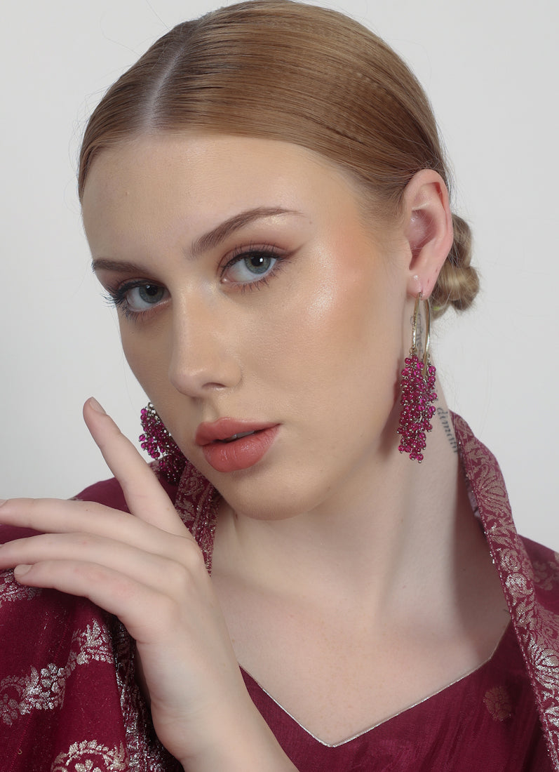 Bali Style Gold Plated Earrings with Wine Beads & Pearls