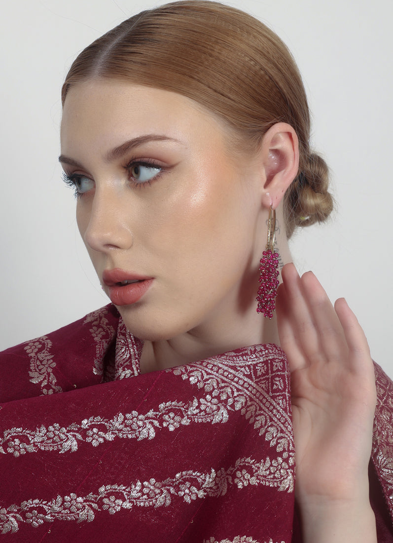 Bali Style Gold Plated Earrings with Wine Beads & Pearls