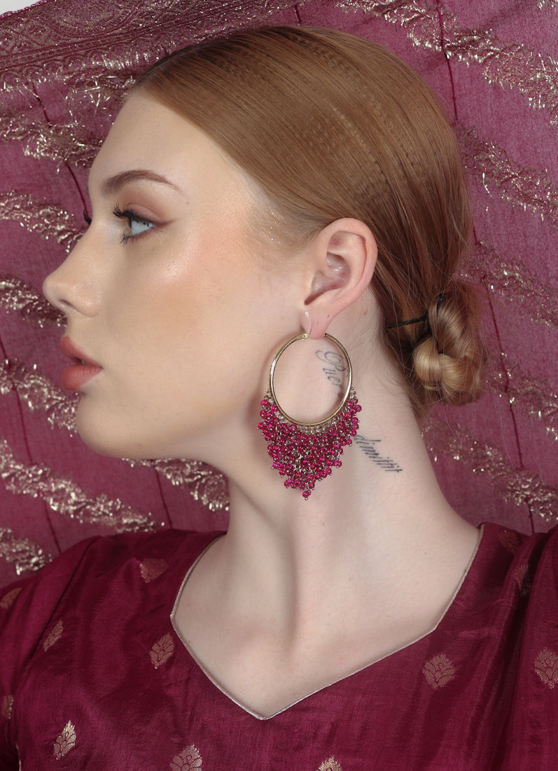 Bali Style Gold Plated Earrings with Wine Beads & Pearls