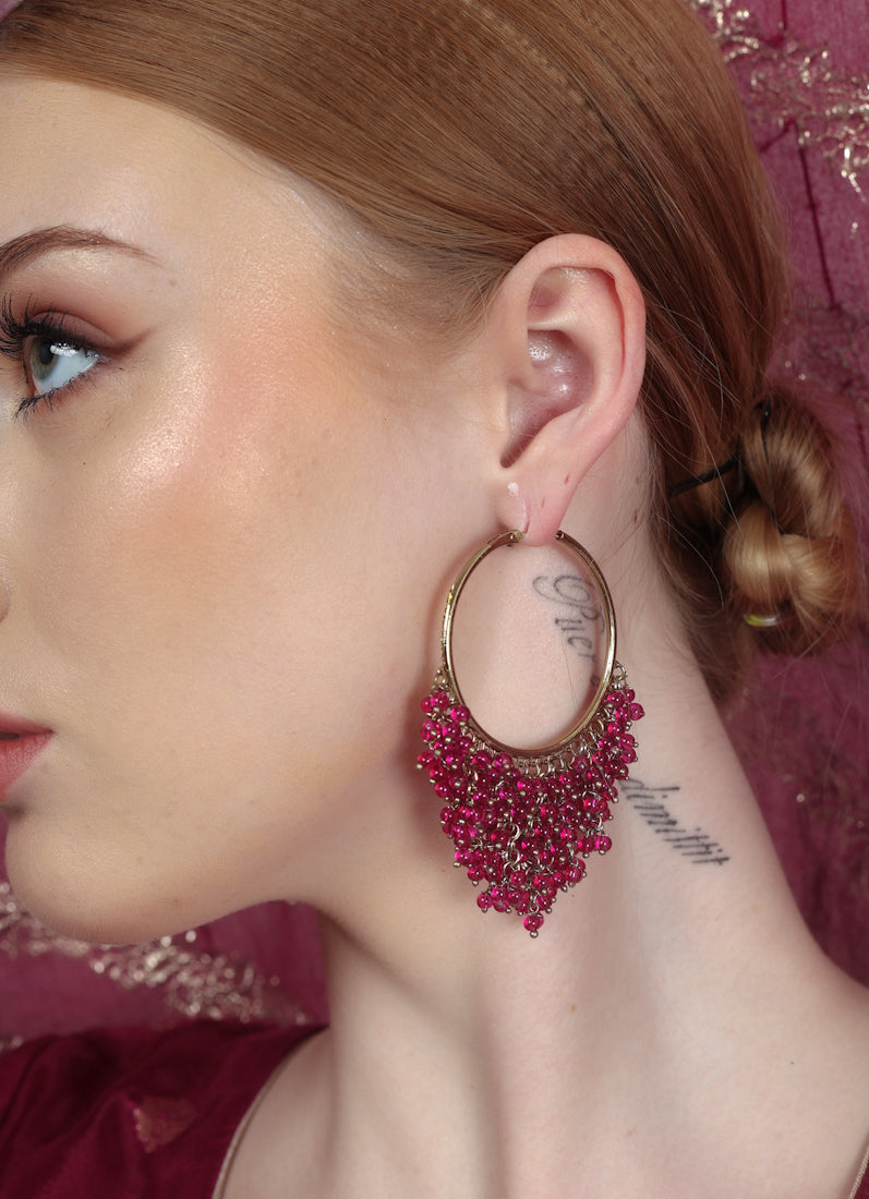 Bali Style Gold Plated Earrings with Wine Beads & Pearls