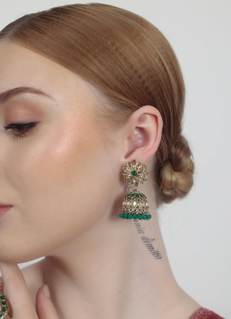 Green Diamonte Jumka Set