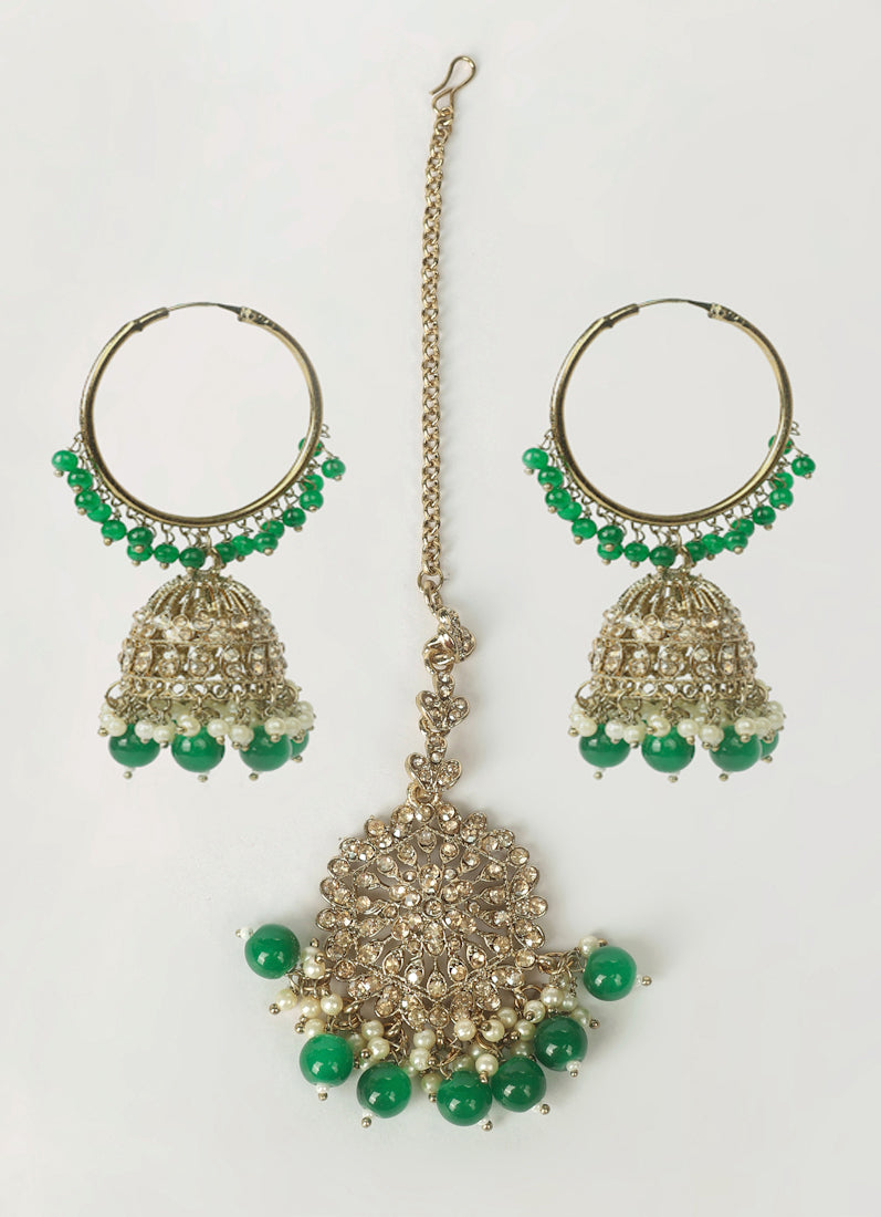 Womens Dark Green Beaded Earrings & Tikka Set