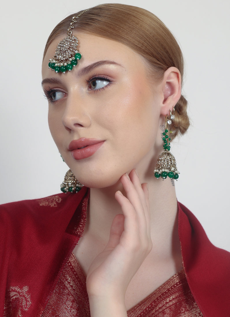 Womens Dark Green Beaded Earrings & Tikka Set