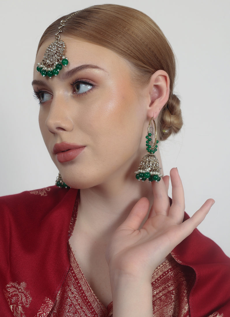 Womens Dark Green Beaded Earrings & Tikka Set
