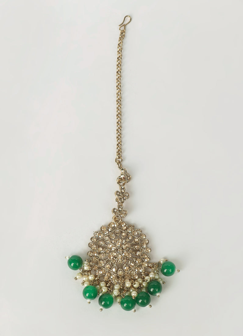 Women's Dark Green Beaded Earrings & Tikka Set