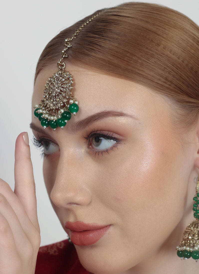 Womens Dark Green Beaded Earrings & Tikka Set