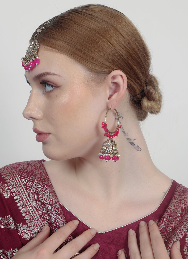 Womens Magenta Beaded Earrings & Tikka Set