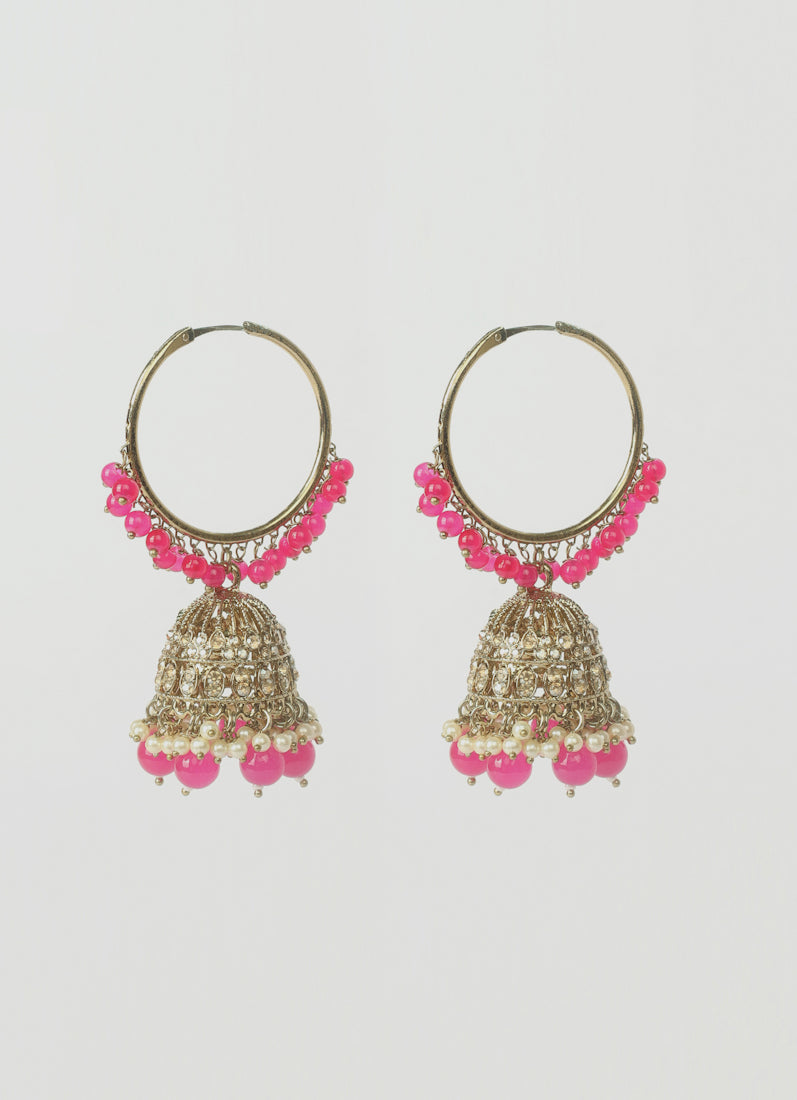 Womens Magenta Beaded Earrings & Tikka Set