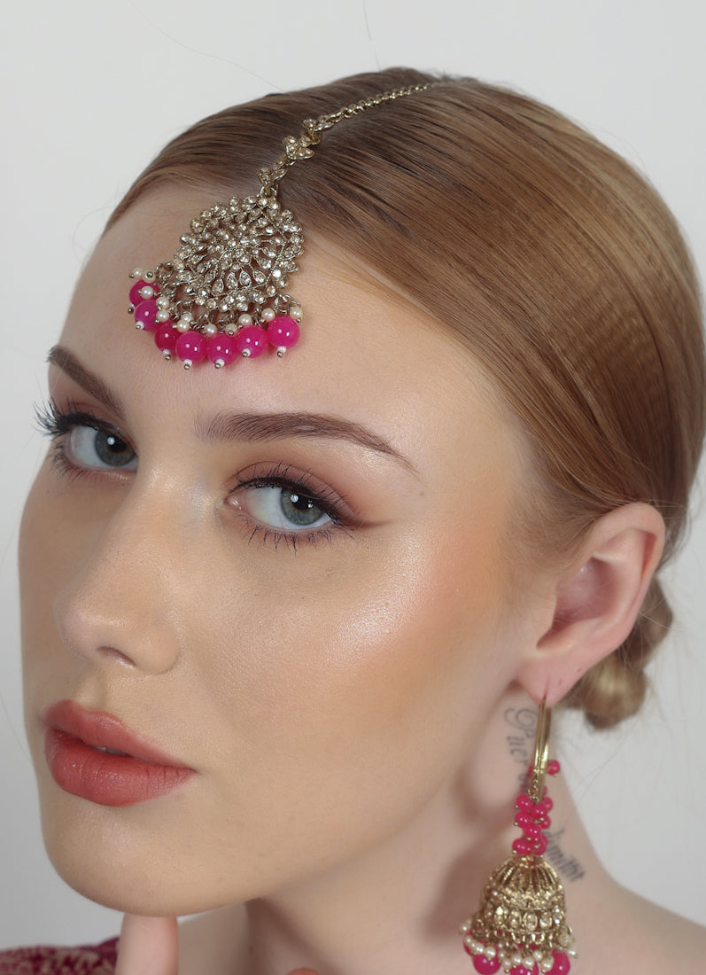 Womens Magenta Beaded Earrings & Tikka Set