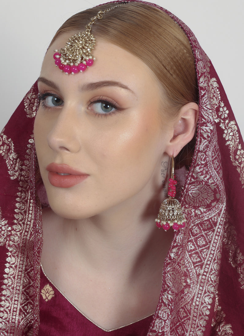 Womens Magenta Beaded Earrings & Tikka Set