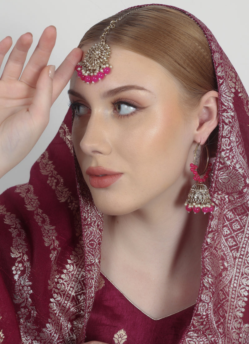 Womens Magenta Beaded Earrings & Tikka Set