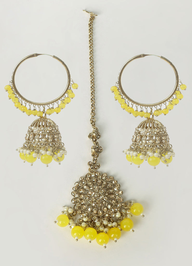 Womens Yellow Beaded Earrings & Tikka Set