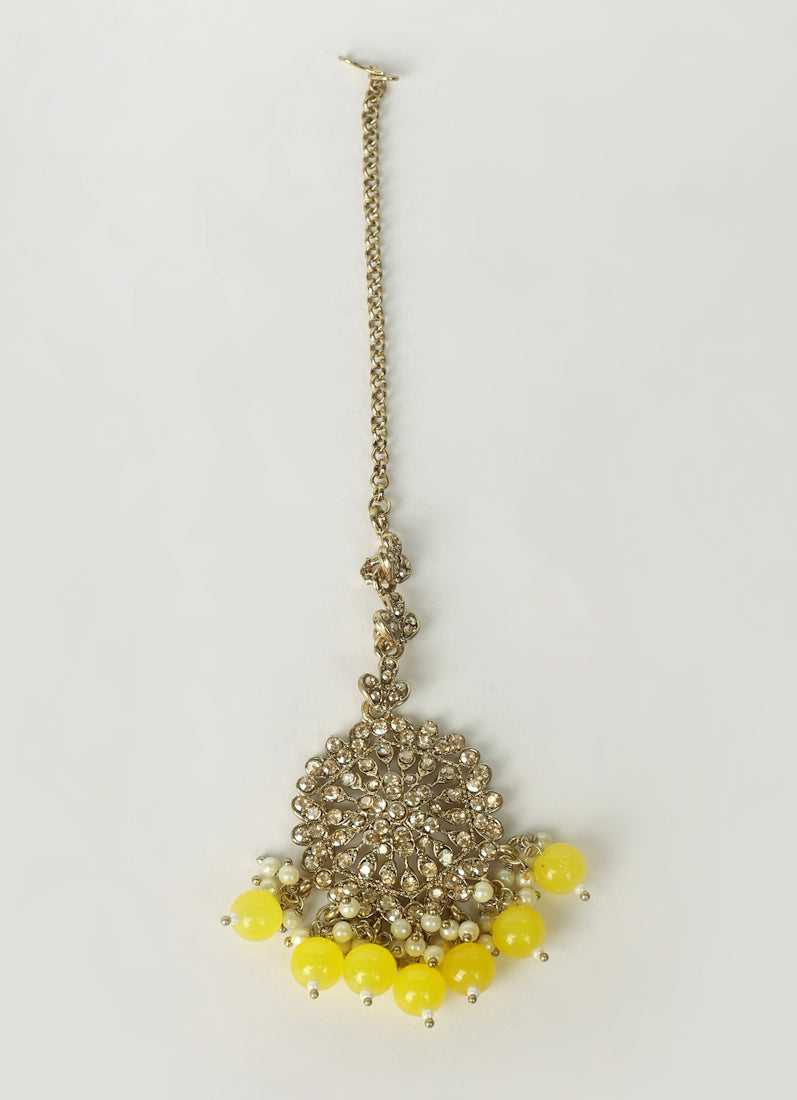 Womens Yellow Beaded Earrings & Tikka Set