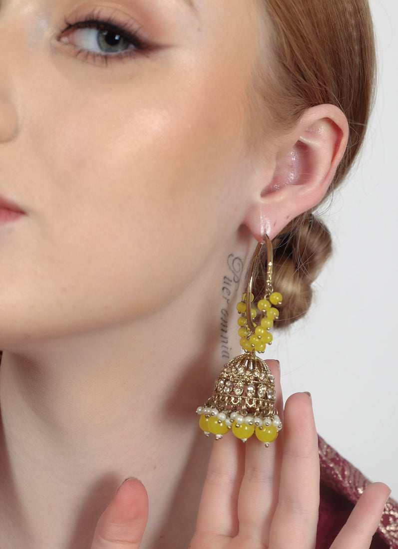 Womens Yellow Beaded Earrings & Tikka Set