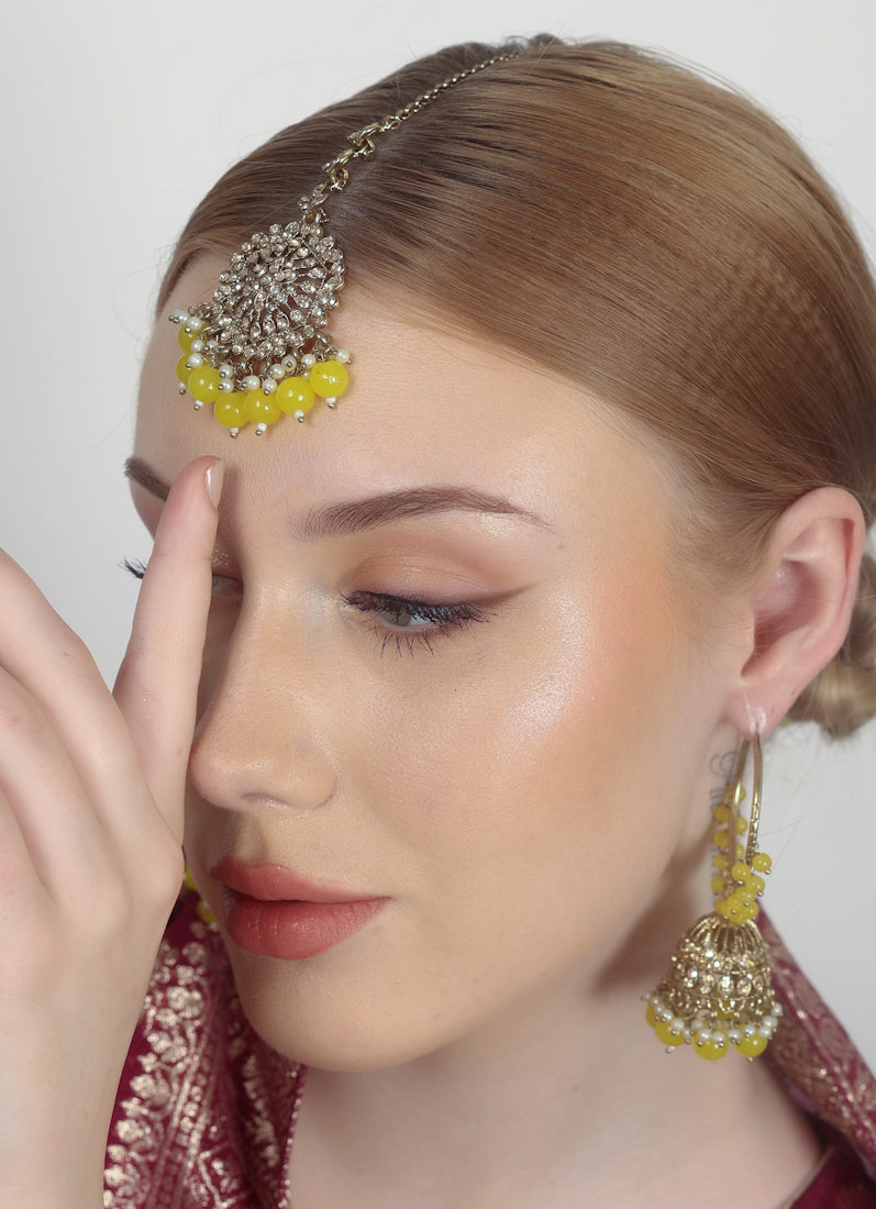 Womens Yellow Beaded Earrings & Tikka Set