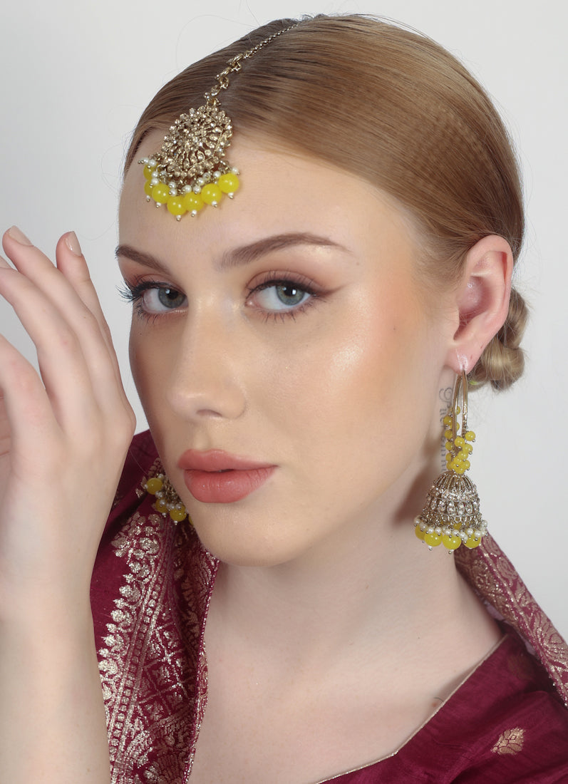 Womens Yellow Beaded Earrings & Tikka Set