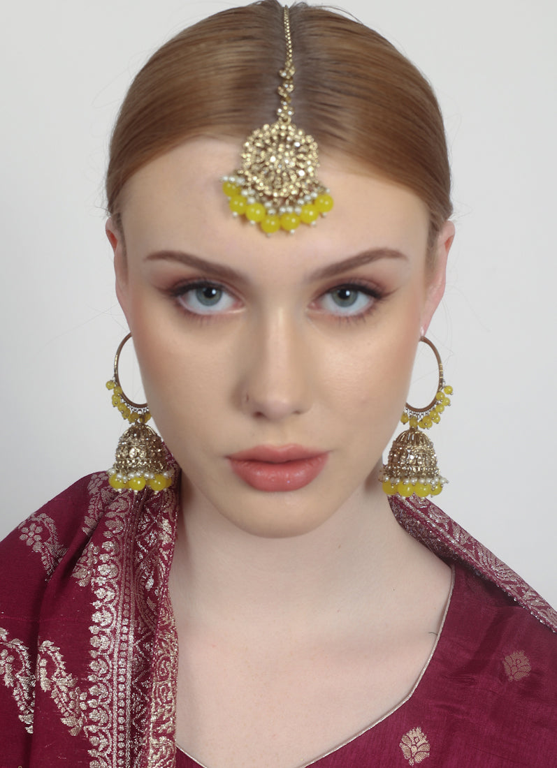Womens Yellow Beaded Earrings & Tikka Set