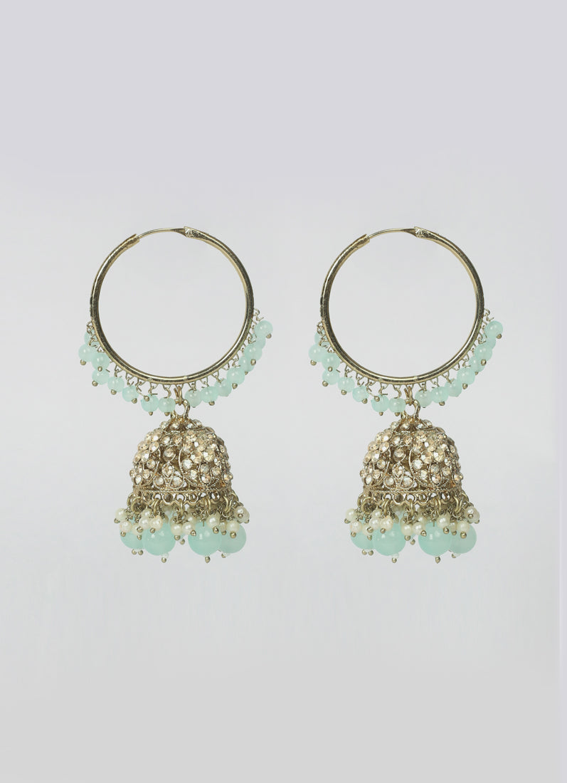 Womens Sky Blue Beaded Earrings & Tikka Set