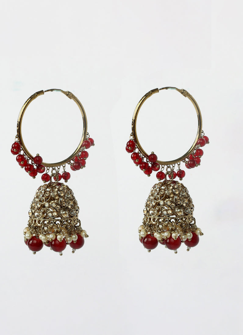 Womens Maroon Beaded Earrings & Tikka Set