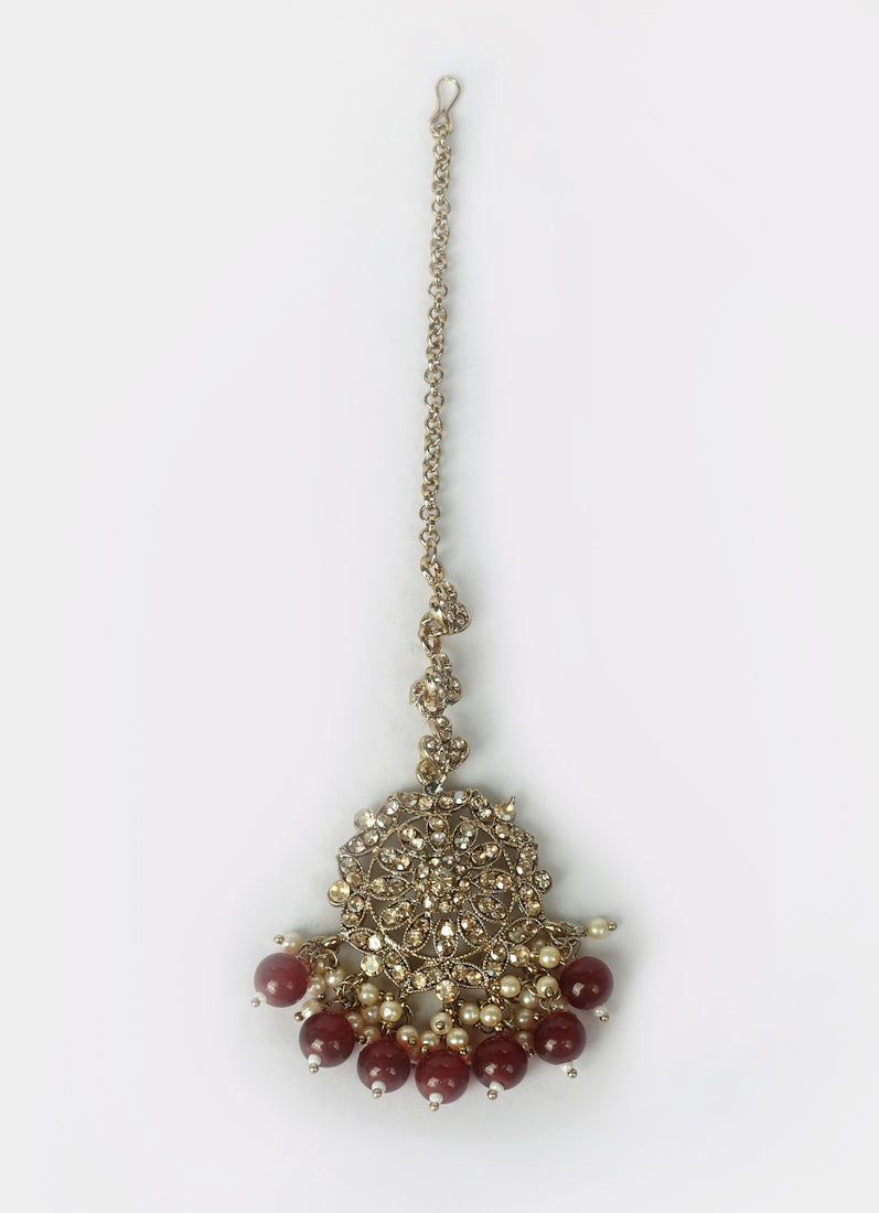 Womens Maroon Beaded Earrings & Tikka Set