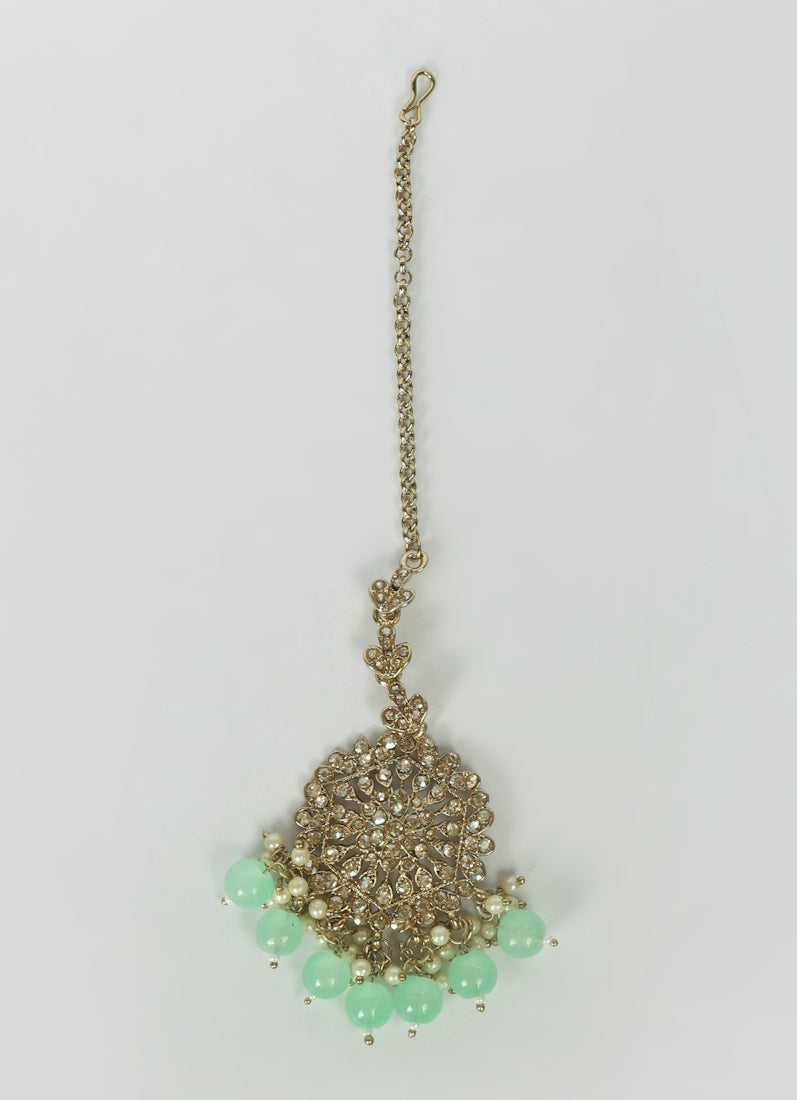 Womens Mint Green Beaded Earrings & Tikka Set