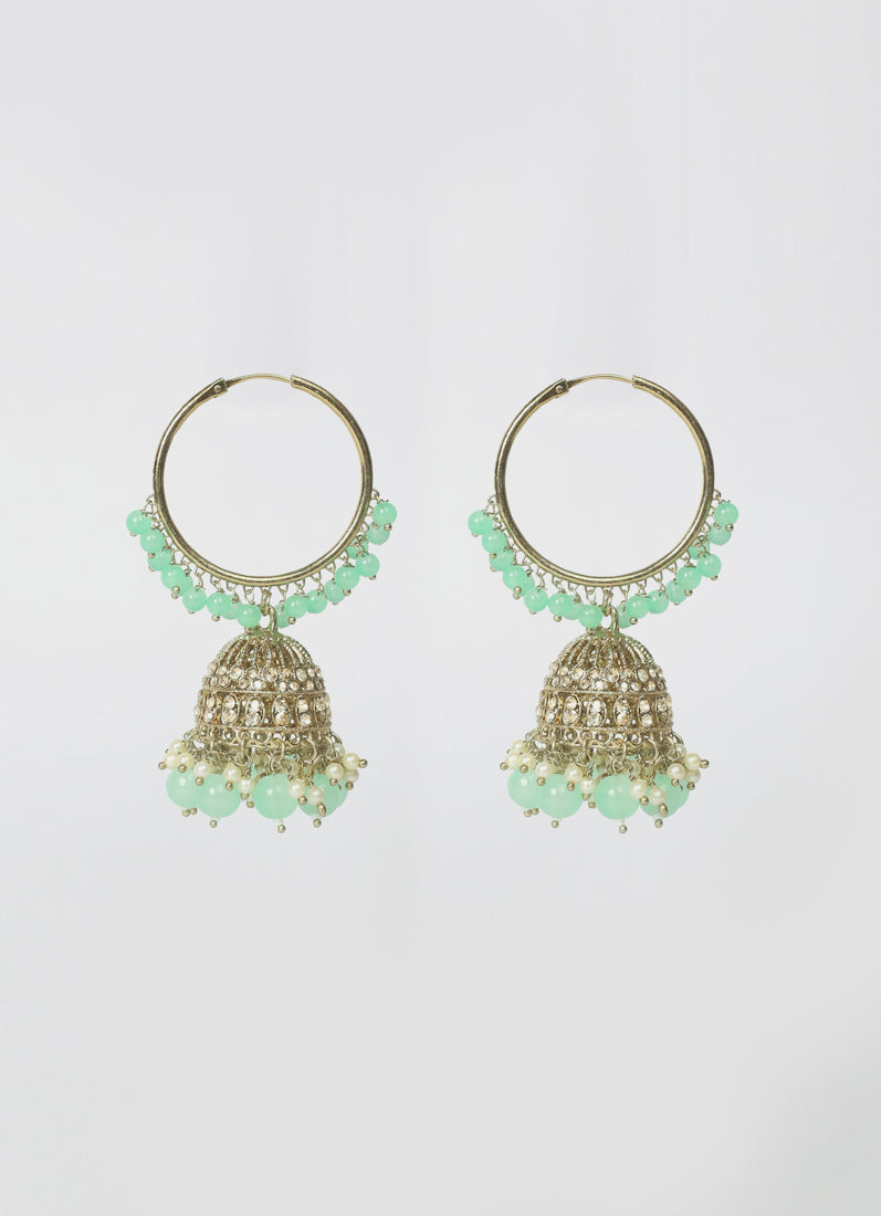 Womens Mint Green Beaded Earrings & Tikka Set