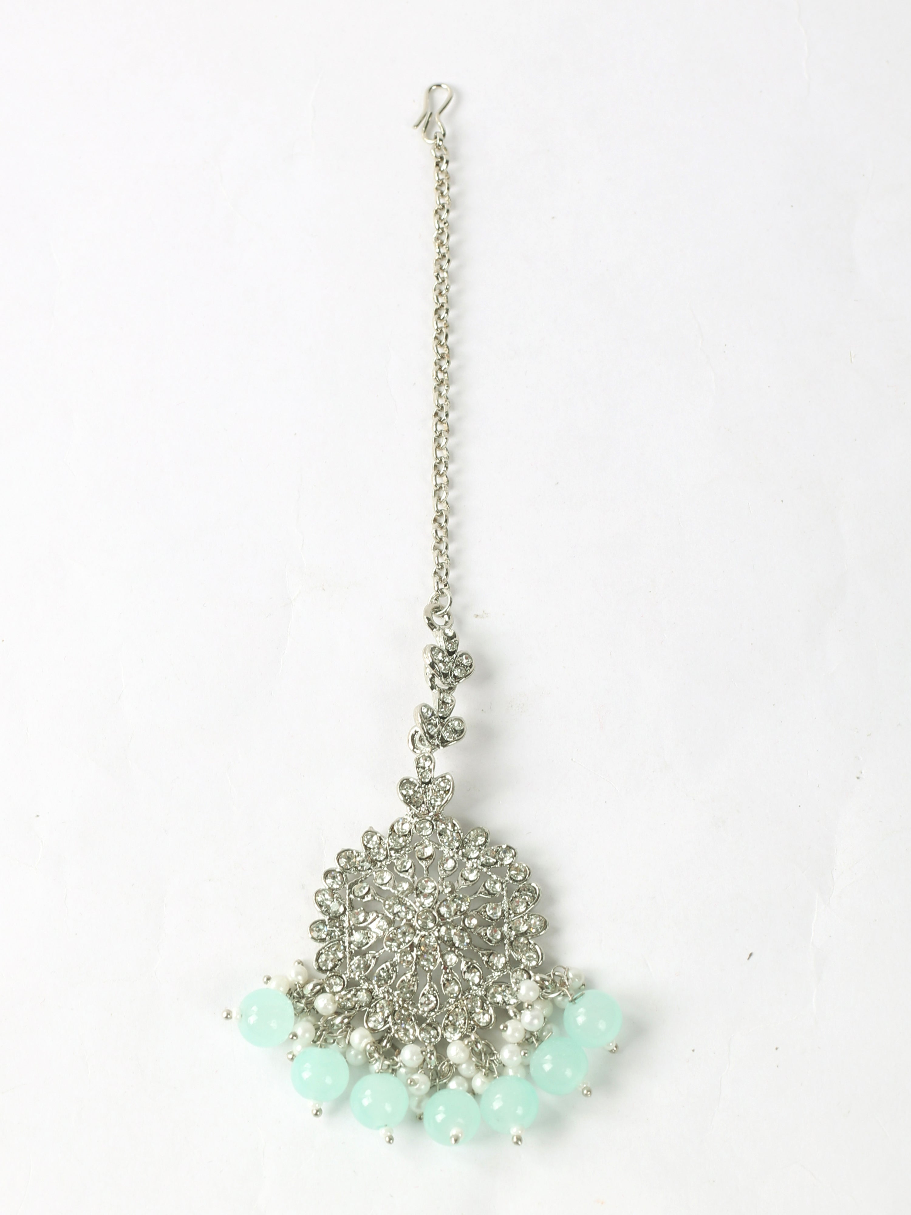 Women’s Light Green and Silver Pearl Beaded Earrings & Tikka Set