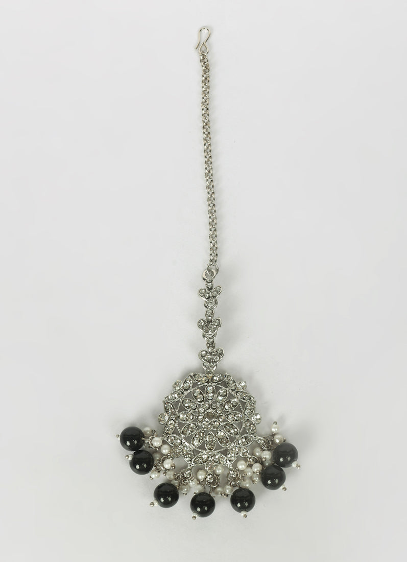 Womens Black Pearly Beaded Earrings & Tikka Set