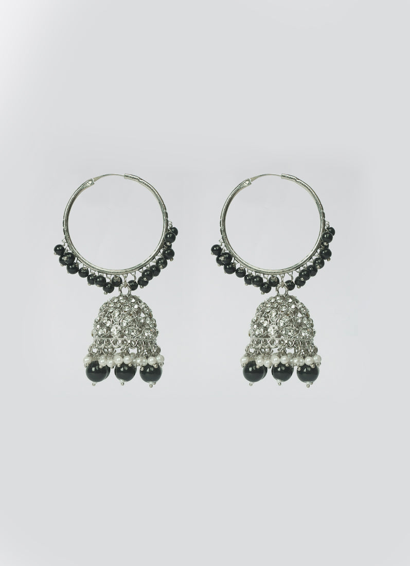 Womens Black Pearly Beaded Earrings & Tikka Set