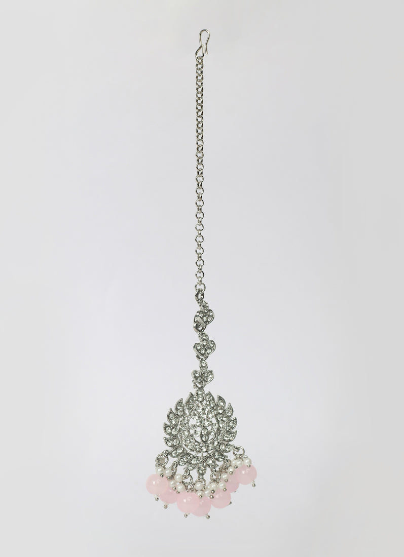 Womens Light Pink Pearly Beaded Earrings & Tikka Set