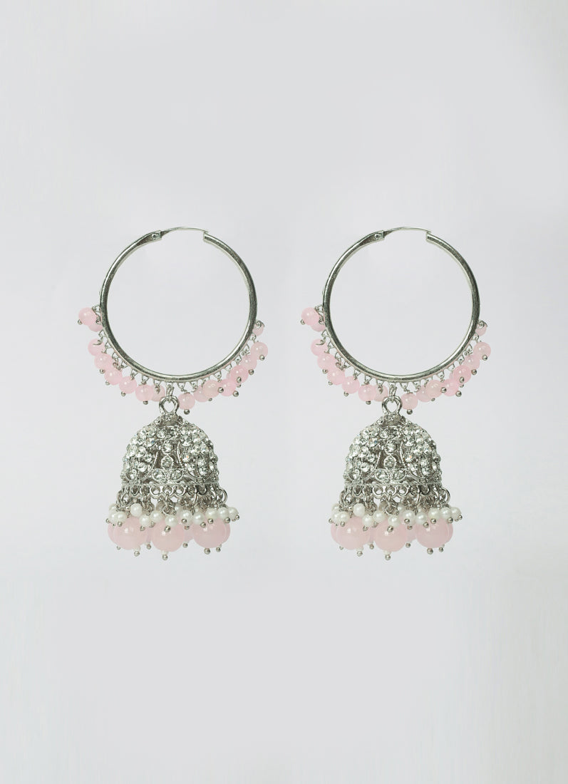Womens Light Pink Pearly Beaded Earrings & Tikka Set