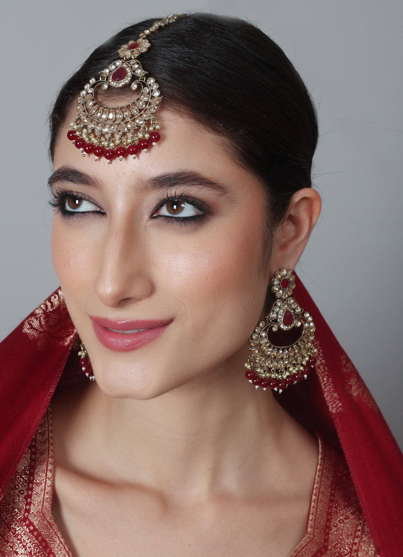 Womens Ruby Chandbali Style Earrings & Tikka Set