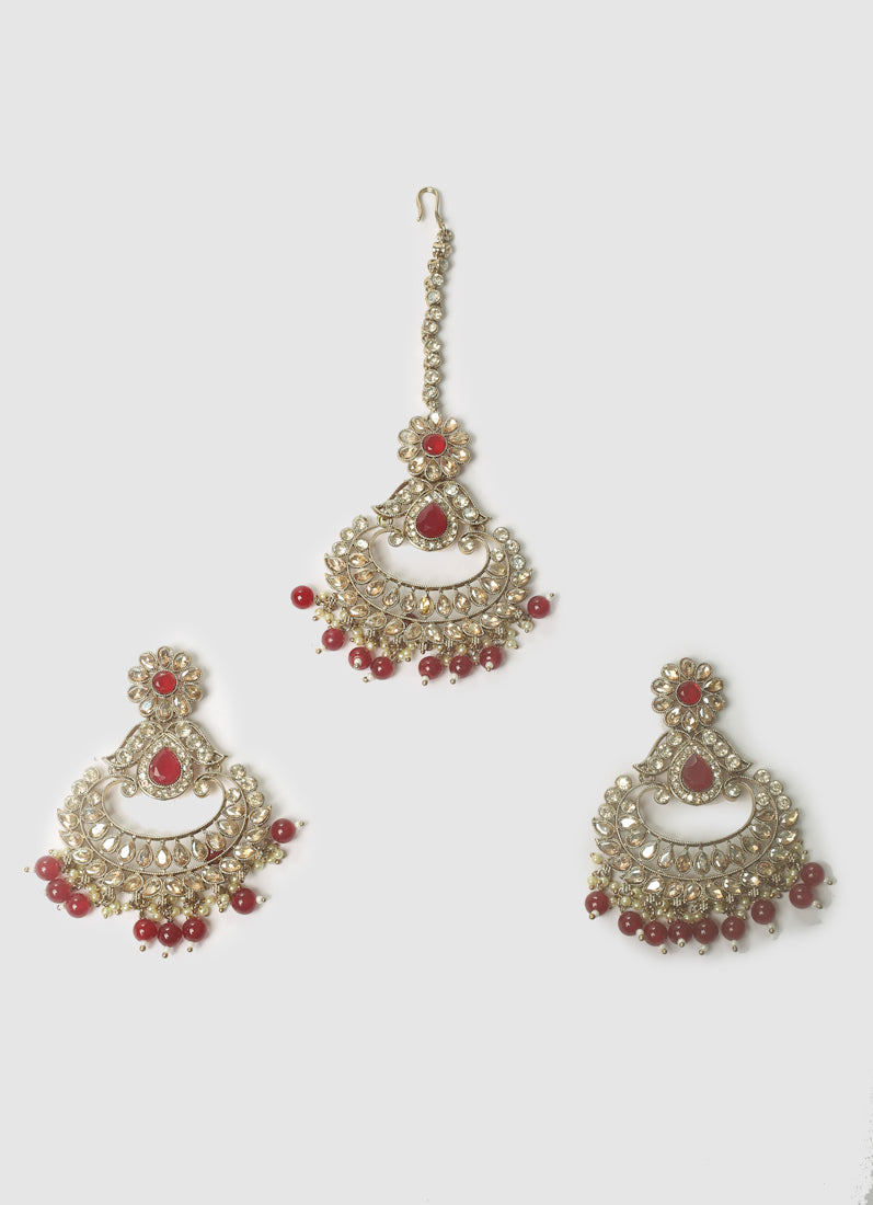 Womens Ruby Chandbali Style Earrings & Tikka Set