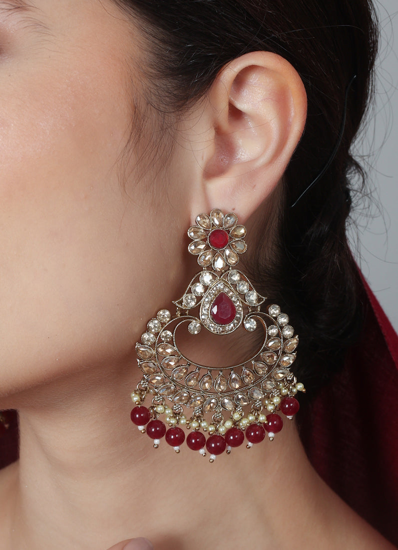 Womens Ruby Chandbali Style Earrings & Tikka Set