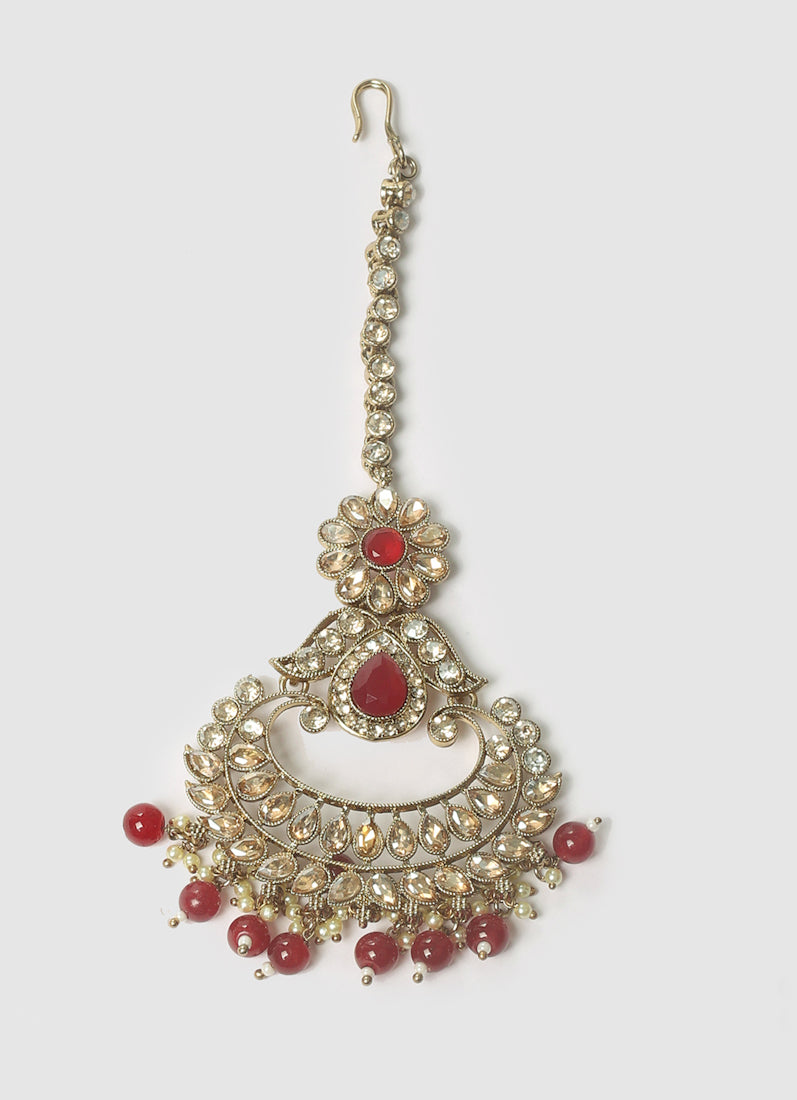 Womens Ruby Chandbali Style Earrings & Tikka Set