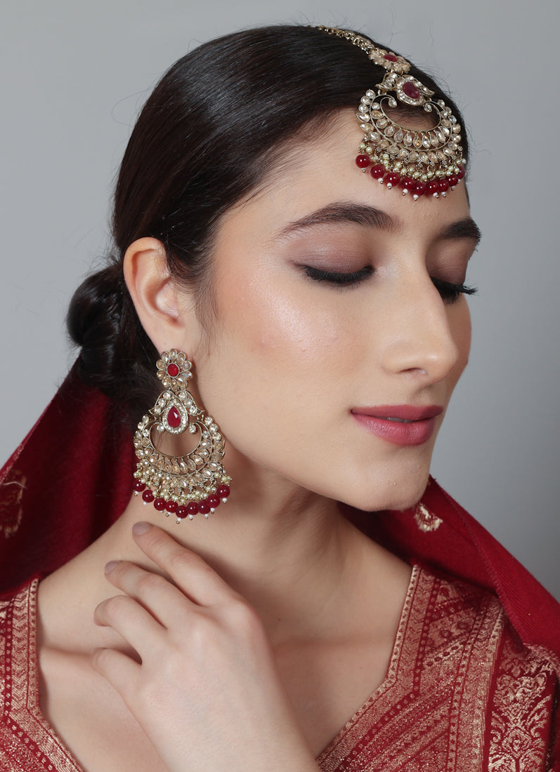 Womens Ruby Chandbali Style Earrings & Tikka Set