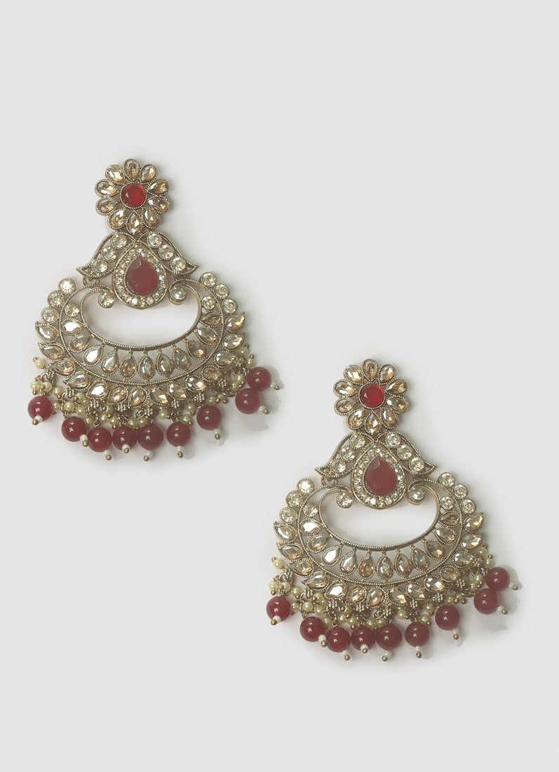 Womens Ruby Chandbali Style Earrings & Tikka Set