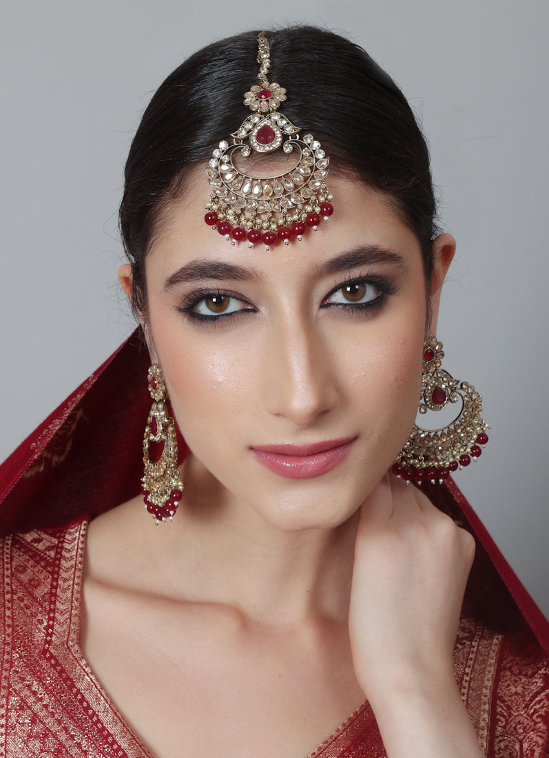 Womens Ruby Chandbali Style Earrings & Tikka Set