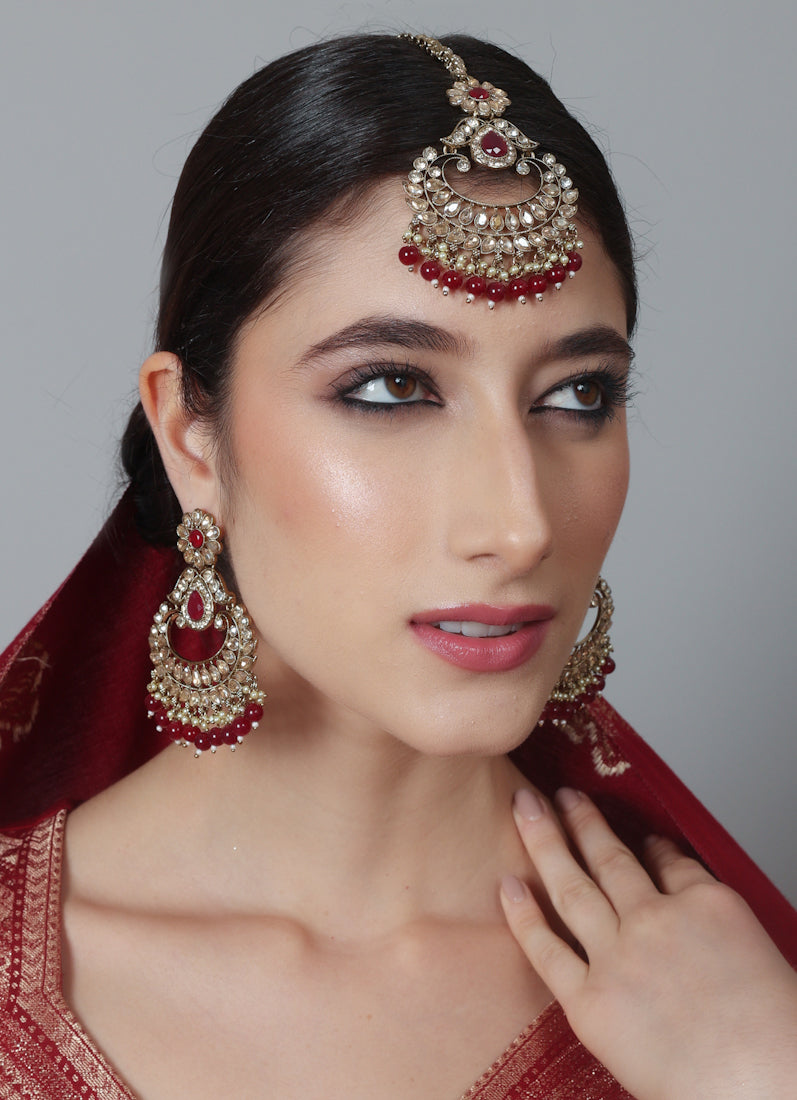 Womens Ruby Chandbali Style Earrings & Tikka Set