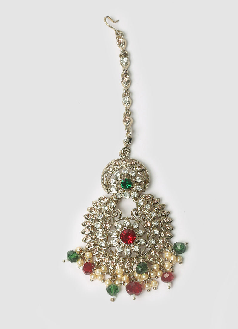 Elegant Ruby & Green Stone Earrings & Tikka Set