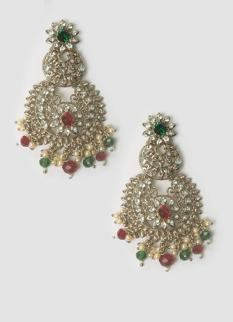 Elegant Ruby & Green Stone Earrings & Tikka Set