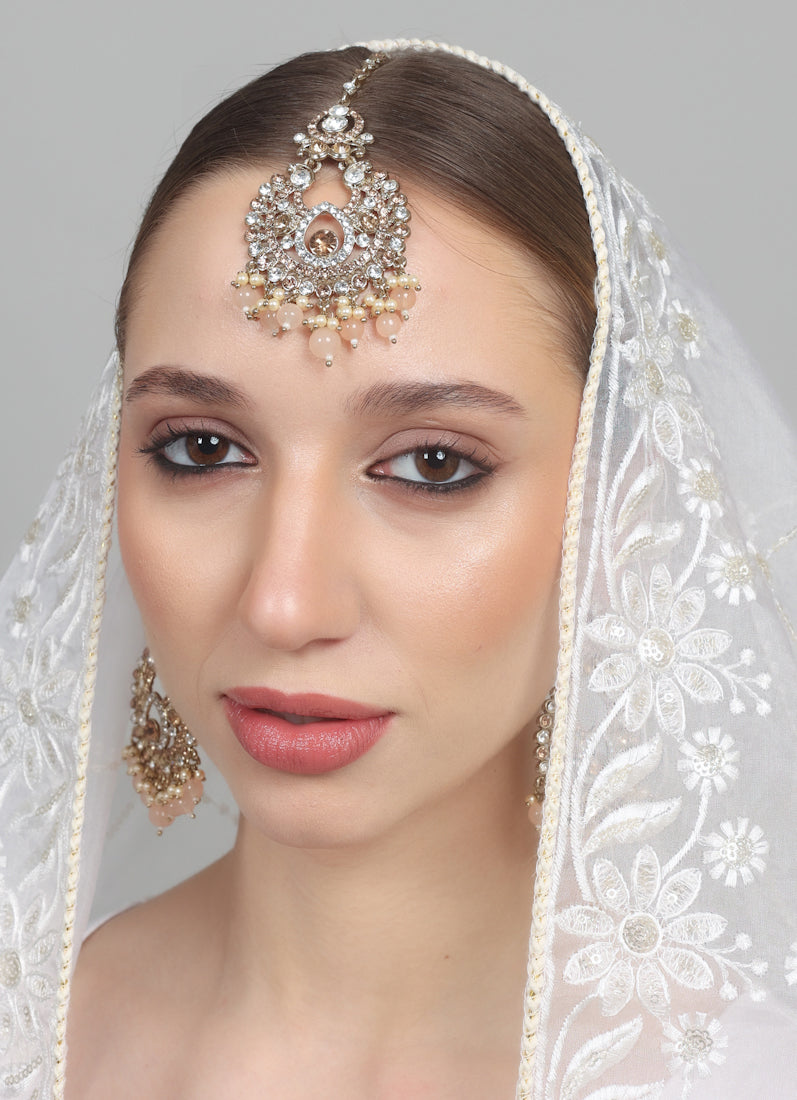 Womens Peach Earring & Tikka Set With Gold Plating